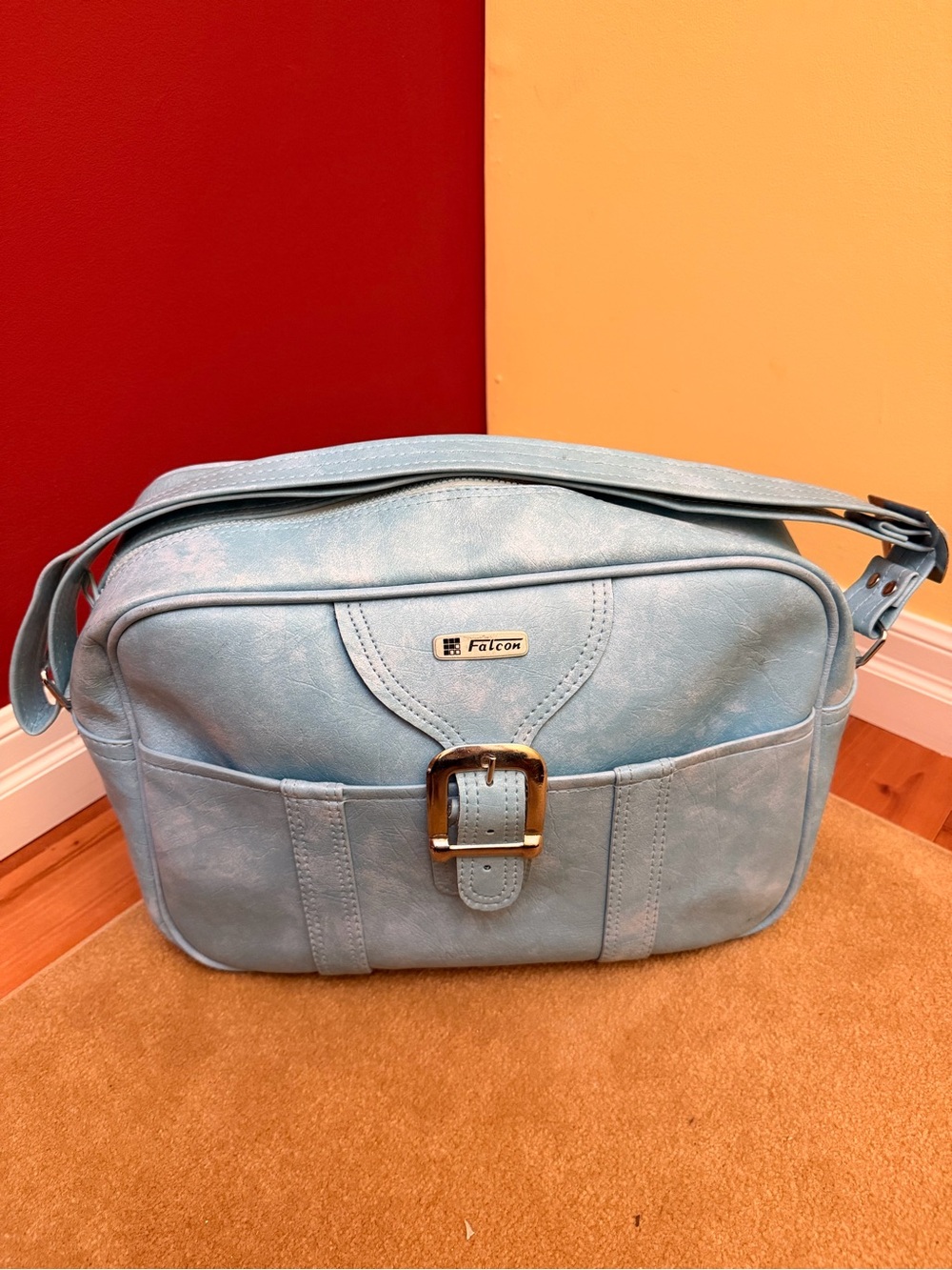 Vintage Falcon Blue Faux Leather Shoulder Bag Made in Korea